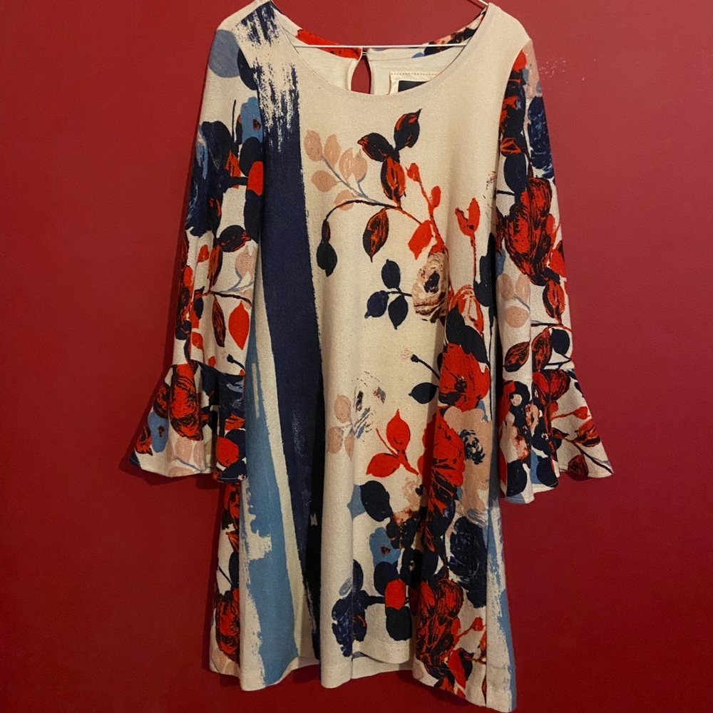 Anthropologie Maeve Red and Blue Bell Sleeve dress